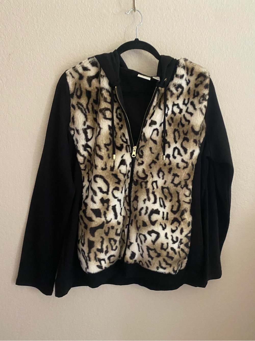 Faux Fur Leopard Front Zip Hoodie Jacket